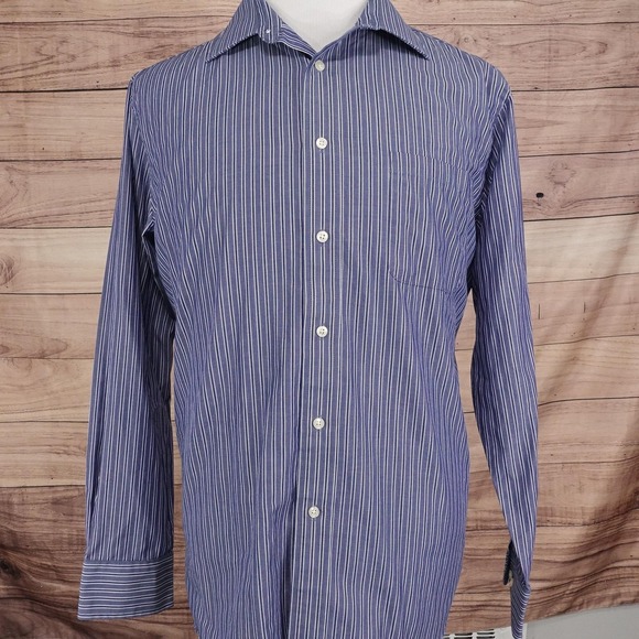Chaps Dress Shirt Mens 17 34/35 Blue Striped Regular Fit Wrinkle Resistant - Picture 3 of 9